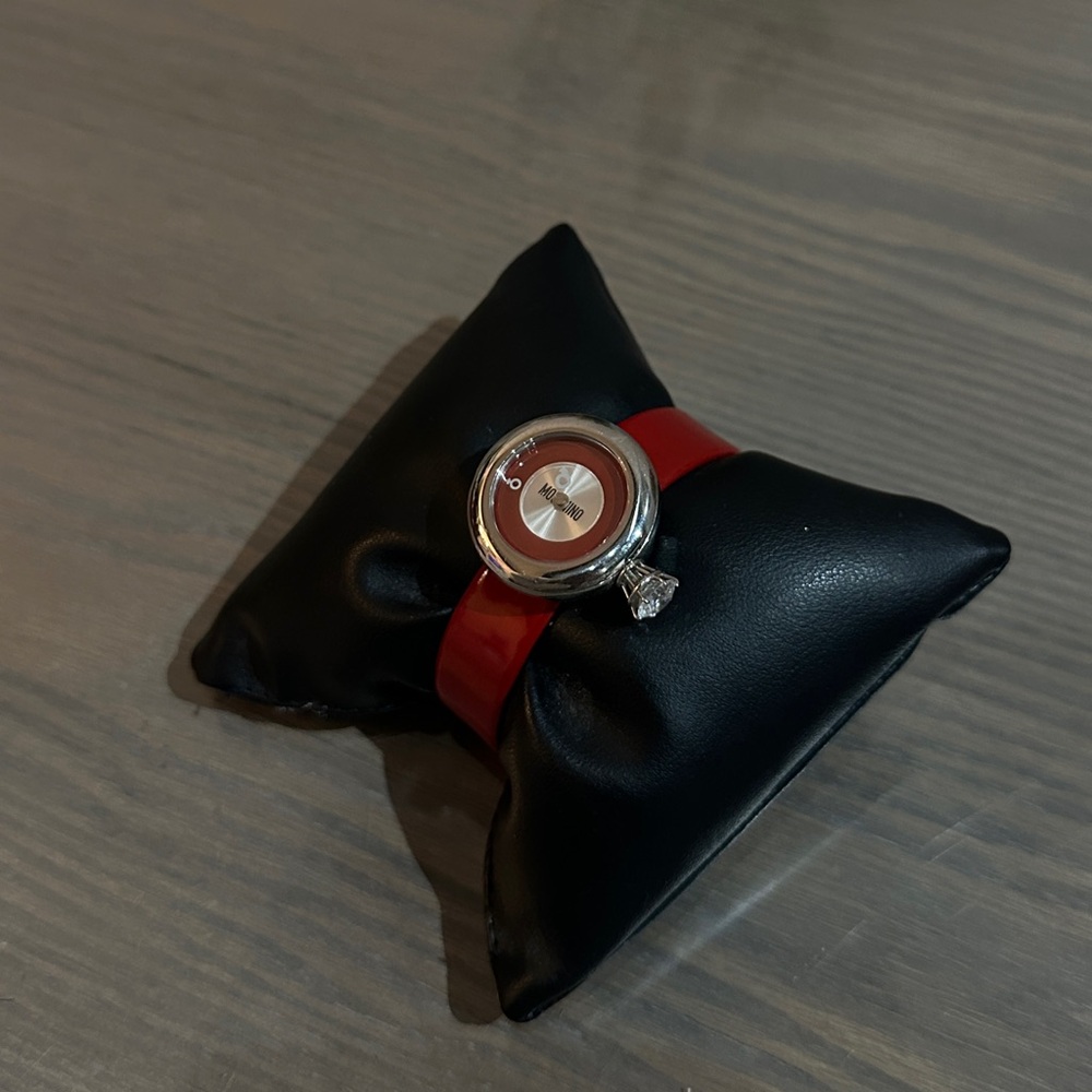 NEW VINTAGE MOSCHINO RED LEATHER DIAMONDS ARE 4EVER WATCH